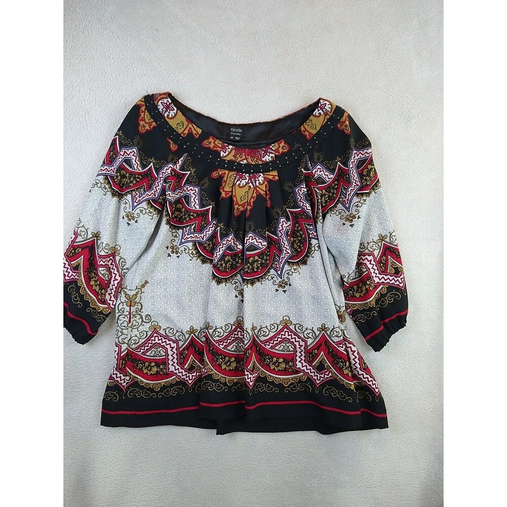 Nicole by Nicole Miller  Blouse Women's 14 Beaded 3/4 Sleeve Flowy Top